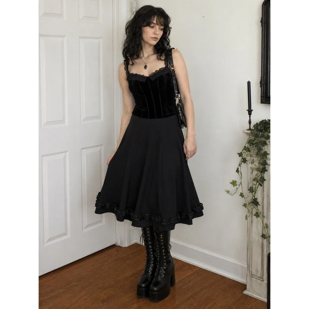 Sunny Taylor Black Flare Skirt Size‎ 4 Satin Ruffle Hem Midi